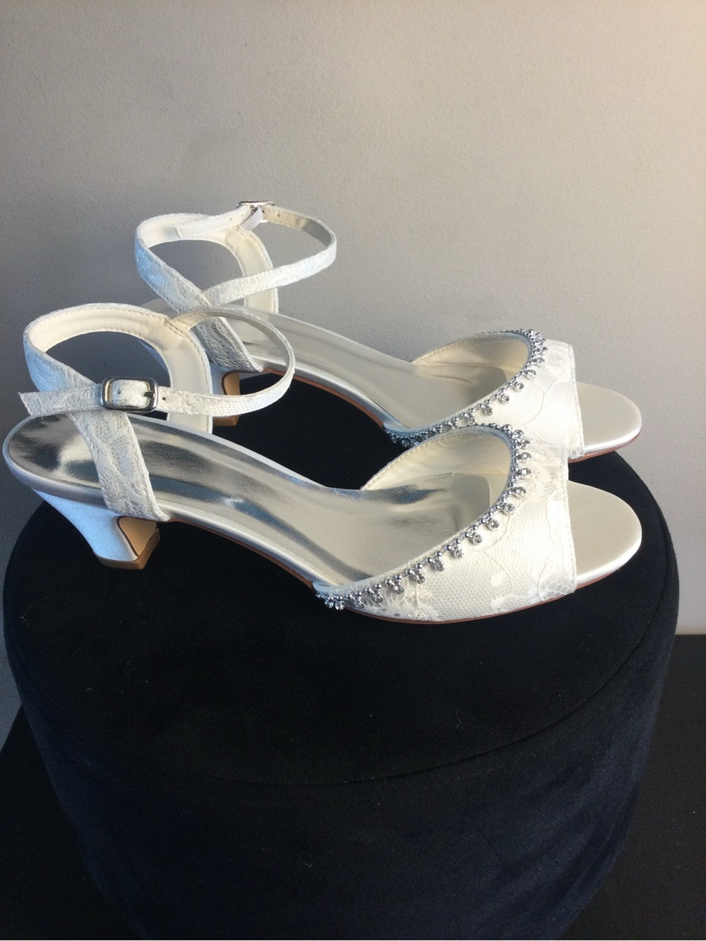 Ivory Lace Ankle-Strap Heels with Crystal Accents